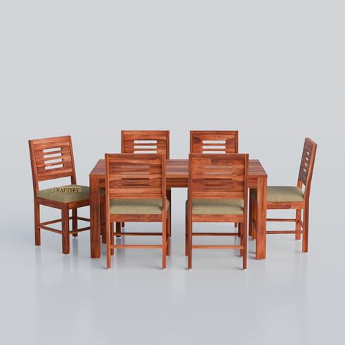 Image of 57 Inch Length Solid Sheesham Wood 6 Seater Dining Table Set | Six Seater Dinner Table with 6 Cushions Chairs | Dinning Table Set 6 Seater for Living Room | Table & Chair Set | Honey Finish