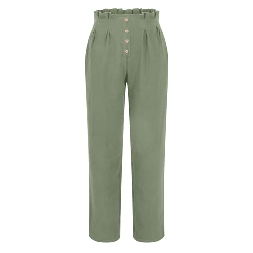 Womens Linen Pants Summer High Waisted Work Pants Trousers Lightweight Paperbag Elastic Waist Pants with Pockets 5