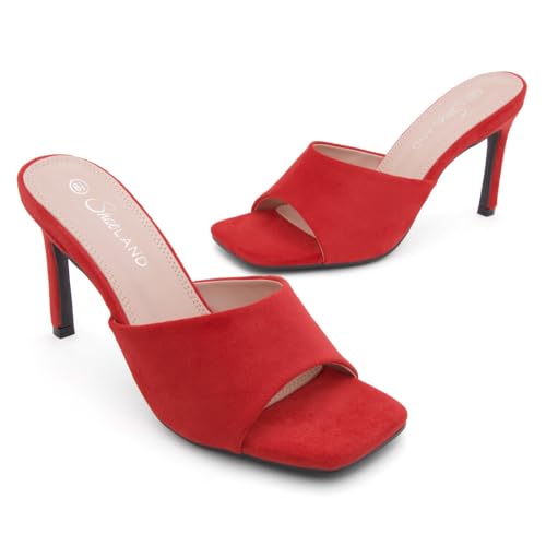 Image of Shoe Land Melrose Women's High Heels Stiletto Heeled Slides, Square Open Toe One Band Slip-On Heeled Mules - Dressy Clear Heeled Sandals for Prom Party Wedding and Vacation