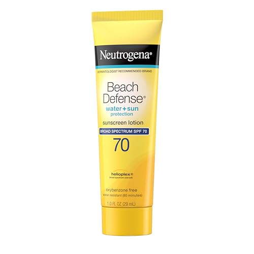 Image of Neutrogena Sunscreen Lotion Beach Defense SPF 70, Face and Body Sunscreen, Hawaii Reef Act 104 Compliant, Octinoxate & Oxybenzone Free, Fast Absorbing Sun Care, Travel Size, 1 oz, 48 Pack