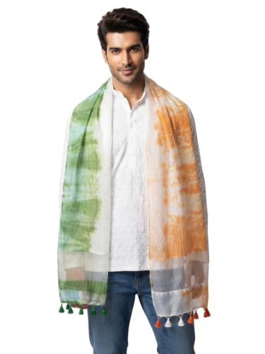 Image of DUPATTA BAZAAR Men's Silk Blend Tricolour Dupatta | Leheriya Dyed Patriotic Stole with Tasselled Border | Lightweight Ethnic Dupatta for Independence Day, Republic Day and Cultural Events (Design 4)