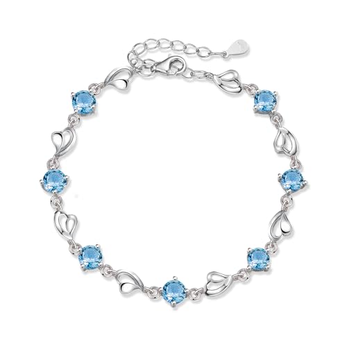 Image of Qlady Heart Link Bracelet for Women, Sterling Silver with Blue Crystal, Adjustable Chain Bracelet, Gift for Valentine's Day & Everyday