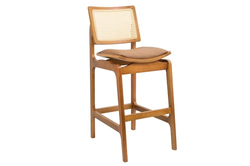 Banqueta Megan Estofada com Encosto Palhinha Estilo Moderno Tecido:Couro Ecológico Durango Kaki