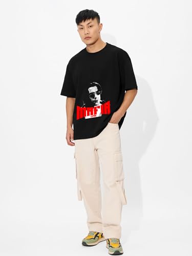 Image of LEOTUDE Oversized Half Sleeve Cottonblend Graphic Print Round Neck Drop Shoulder Baggie Tshirt for Man (Color Black)