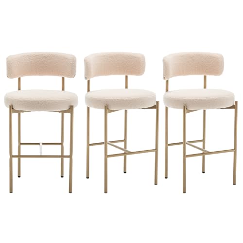 Image of Cinxzar Boucle Bar Stools Set of 3, Beige Counter Height Bar Stools with Backs, Gold Modern Barstools for Kitchen Island, Pub, Club