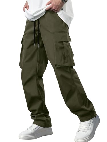 Comdecevis Men's Casual Cargo Pants Hiking Tactical Joggers Army Green L