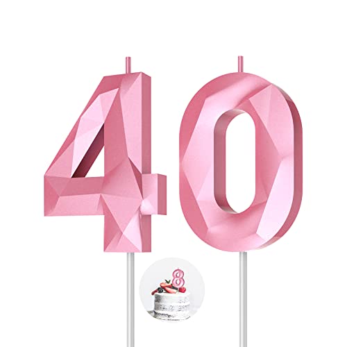 Number Birthday Candles(40 Candle Pink) 3D Diamond Shape 40th Happy Birthday Cake Topper Decorations for Women Men Birthday Wedding Anniversary Celebration Theme Party Supplies