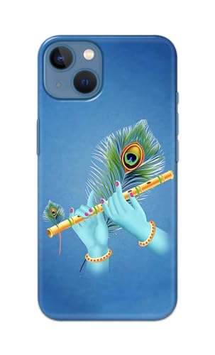 Image of Plastic Printfidaa Printed Hard Back Cover Case For Apple iPhone 13 Back Cover (Flute In Krishna Hands) -112, Blue