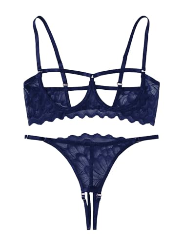 Image of Lilosy Sexy Underwire Floral Lace Sheer Lingerie Set for Women See Through Bra and Panty 2 Piece