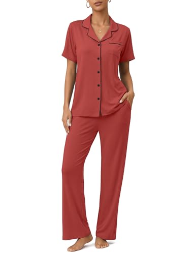 Image of ZMJ Womens Pajamas Sets 2 Piece Button Up Pj Sets Short Sleeve with Long Pant Brick Red S