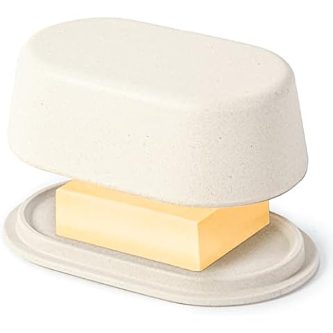 White Cream Butter Dish with Lid For Countertop - Modern Bamboo Butter Crock - Dishwasher Safe Butter Keeper Tray - Perfect Size Butter Holder Container For Large European Style Butter like Kerrygold Cover