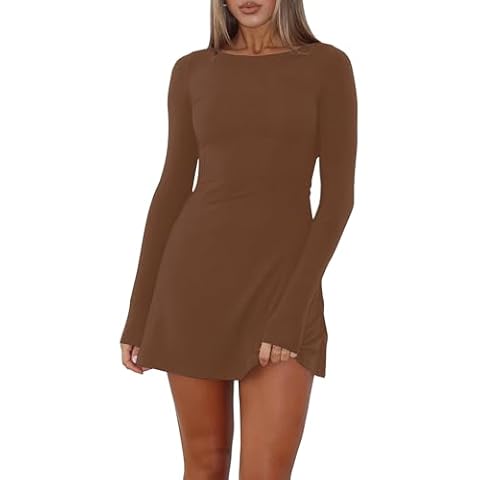 VASAUGE Women's Sexy Long Sleeve Mini Dress Crew Neck Party Club Short Dresses, X-Large, Coffee Cover