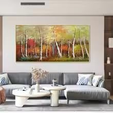 Peinture paysage forêt de bouleaux bohème toile 70x140cm