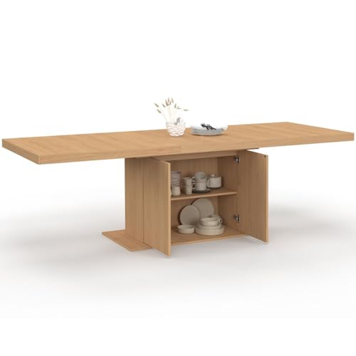 IDMarket - Table à Manger Extensible Rectangle Juliette 8-12 Personnes Pied Central Effet Lattes avec Rangement 200-250 cm