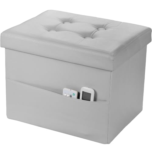 Image of Bsketa Storage Ottoman Bench,16 Inch Folding Leather Foot Rest Stool, Grey | Small Ottoman with Side Pockets, Thicker Foam Padded Seat, Livingroom, Dorm, Bedroom, Easy to install, 38L, 16x12x12in