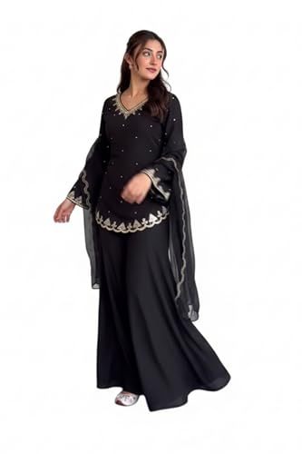 Image of IYALAFAB WOMEN'S Heavy Natural Crep Silk Stitched Ethnic Salwar Kameez - Long Kurti with Embroidered Sleeves, Party & Festival Wear (SF251-ve115 Black1 XXL)