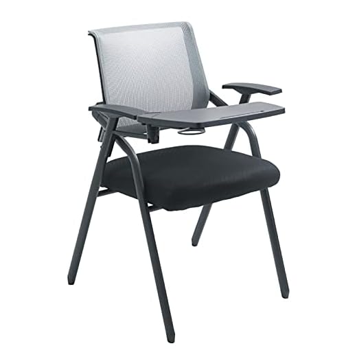 Trädgårdsstol ergonomisk hopfällbar stol surfplatta armstol med högerhänt flip-up surfplattearm, nät baksida surfplatta arm bostadsstol, nät gästmottagning stapel stolar, för kyrkans konferens (färg: grå)