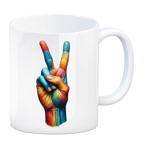 Peacezeichen in regenbogenfarben Kaffeebecher Friedenssymbol Bunte Tasse Farben Finger Hand Peace Zeichen Kaffeetasse Akzeptanz LGBTQ