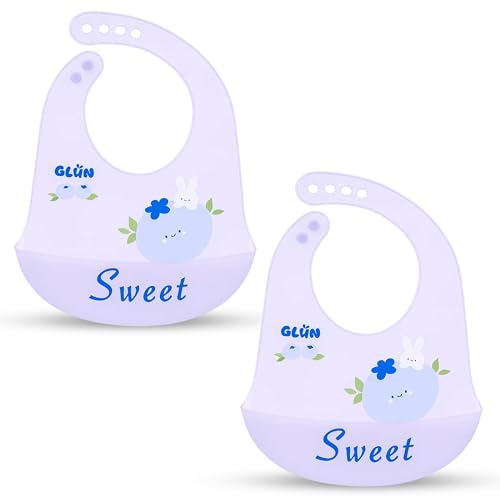 Image of GLUN Pack of 2 Soft Feeding Bibs with Bowl, Cute Sweet Rabbit Print for Growing Champs, Easily Wipes Clean, Comfortable Soft Baby Bibs, Less Time Cleaning after Meals for Babies