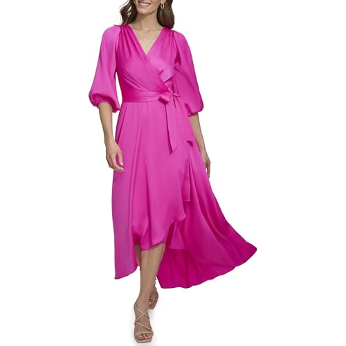 Image of DKNY Women's Balloon Sleeve Satin Faux Wrap Maxi Dress