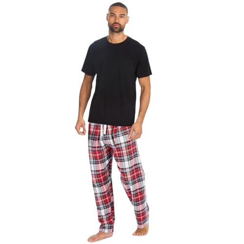 Style It Up Mens Flannel Fleece Short Sleeve Pyjama Set Cotton Rich Pants Plain T-Shirt Comfortable Soft Warm Adults Nightwear Loungewear (BLACK-RED, L)