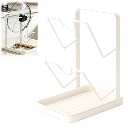 Kitchen Pot Lid Storage Rack, Pot Lid Organizer, Stainless Steel Pot Lid Holder while Cooking, Multifunctional Kitchen Pot Cover Organizer for Countertop(White)