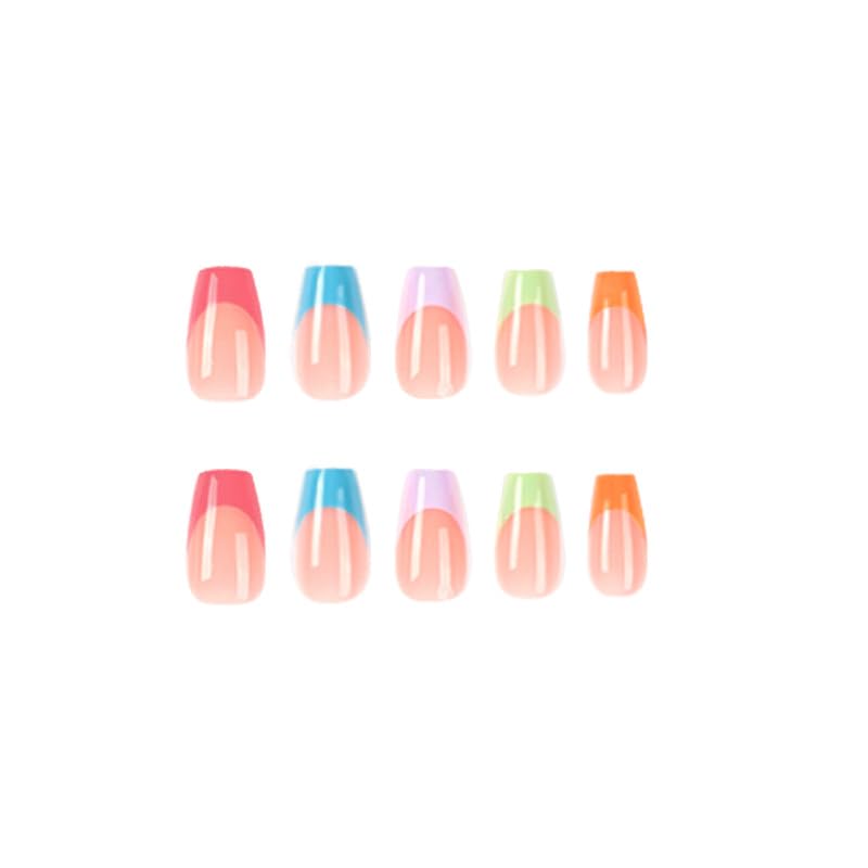 Secret Lives Glossy Reusable Artificial Fake False Press on Nails Green Orange Purple Pink Blue Color Combo Luxury 24 Pieces Set with Kit 1