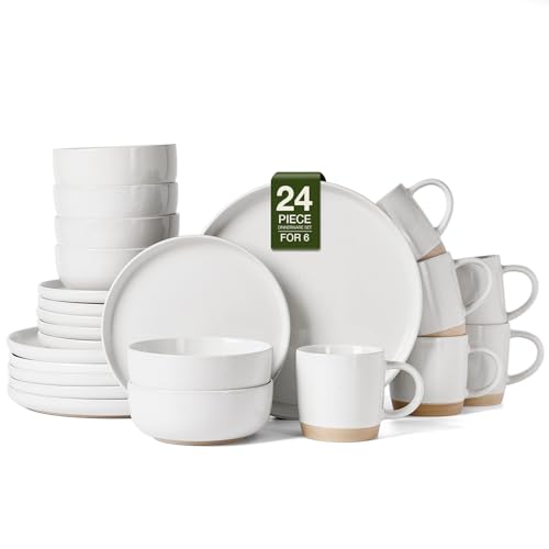 Image of Famiware Milkyway Stoneware Dinnerware Sets with Mugs, Service for 6 (24 Pieces), Plates and Bowls Sets -Scratch Resistant, Microwave and Dishwasher Safe Dishes Set, White