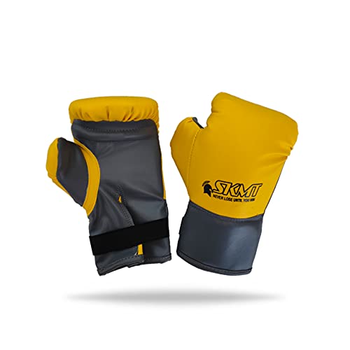 Image of SKMT Never Lose Until You Win PU Leather Boxing Gloves for Kids, Available in 2-9 & 7-14 Year Child Gloves (Yellow, 7-14 Year Child Gloves)