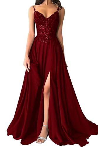 Damen Chiffon Ballkleider Spaghettiträger Spitzenapplikationen Abendkleider Elegant für Hochzeit A-Linie Ballkleid mit Schlitz