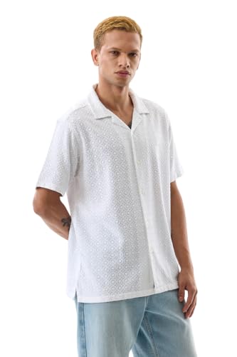 Image of SNITCH Men Casual Shirt | Regular Fit Half Sleeve Cuban Collar Textured Pattern with Embellished Sequins | 100% Viscose & Breathable Fabric for Everyday Wear