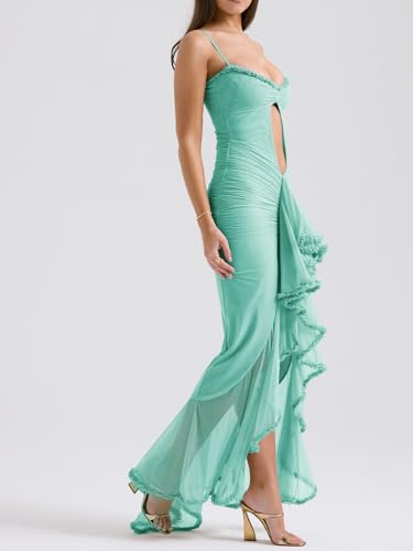 Image of houstil Women's Casual Summer Dress Strap Ruffle Beach Party Maxi Cocktail Evening Holiday Wedding Guest Dresses