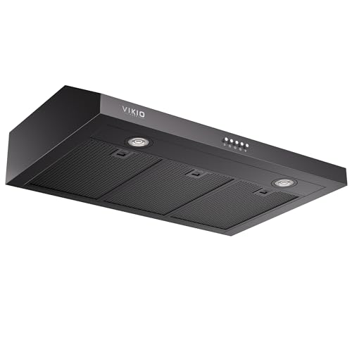 VIKIO HOME Under Cabinet Range Hood 30 Inch 1200 CFM Dual-Motor Kitchen Vent with LED Lights Button Control Ducted Stainless Steel Vent Hood Reusable 5-Layer Aluminum Filters Black