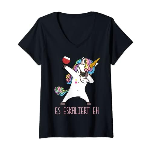Damen Es ekaliert Eh Dabbing Einhorn Unicorn Wein Spruch Frauen T-Shirt mit V-Ausschnitt