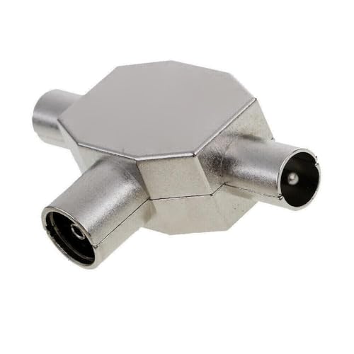 CABLEPELADO Distribuidor de TV, Distribuidor de antena, divisor de TV, Adaptador antena en T, Divisor Coaxial en T, 5-1000 MHz, DVB-T2, Metálico, 2 salidas Macho a 1 Entrada Hembra