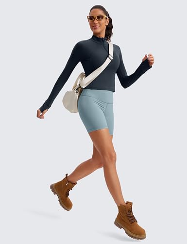Image of CRZ YOGA Butterluxe Half Zip Crop Top | Workout, Extremely Soft, Slim Fit, Thumbholes, Side Pocket, Long Sleeve Shirts for Women