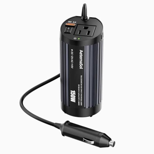 Image of 150W Cup Holder Car Power Inverter, 12V DC to 110V AC Converter with AC Outlet and USB-QC, Portable Adapter for Laptop, Phone, Road Trip(150W-2 Ports-Black)