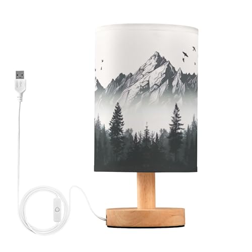 Ttgoth Lampada da comodino da montagna per camera da letto, piccola lampada da comodino a LED, con porte USB e paralume in tessuto, per soggiorno, dormitorio, casa, ufficio