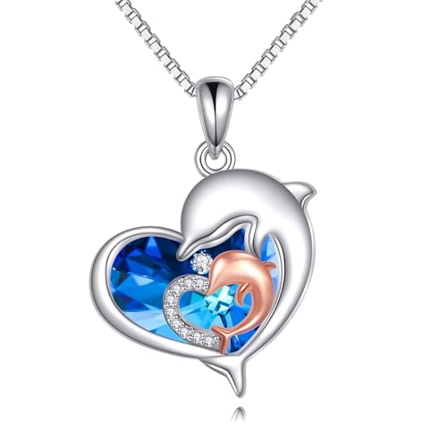 Pendentif dauphin argent 925 avec double cœur bicolore d'une finition premium
