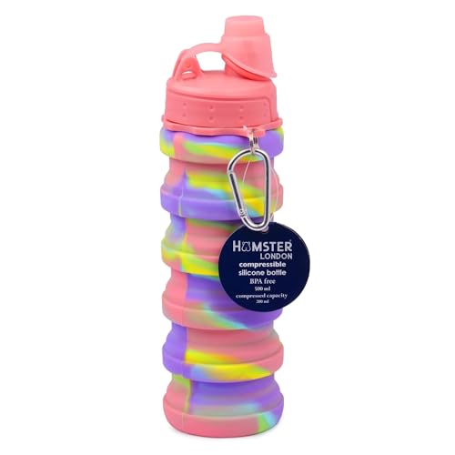 Image of HAMSTER London Silicone Expandable Foldable Water Bottle 500ml for Kids | BPA-Free Collapsible Leak-Proof Drinking Bottle | Lightweight Portable Bottle for School, Travel, Outdoor (Pink)