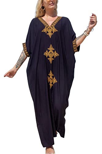 YouKD Summer Embroidered Long Kaftan Bohemian Kimono Beach Swimsuit Cover Up Maxi Dress for Women
