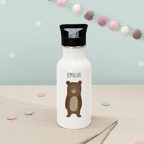 Hellomini Personalisierte Kinder-Trinkflasche 500ml – Edelstahl, Weiß,...