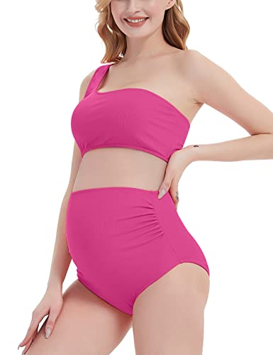 Sweetbump Maternity Bikini Swimsuit Two Pieces One Shoulder Maternity Swimwear Womens Summer Tankini Bathing Suit Rose Red S #TOP3
