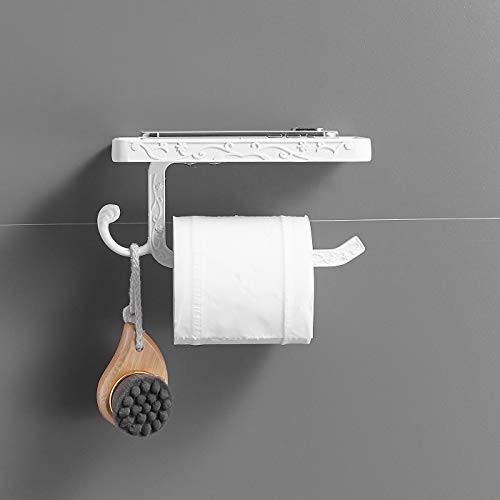 Delysia King Toilet Paper Holder Stand With Phone Shelf,Anti-Rust Aluminum Tissue Roll Dispenser Storage Wall Mounted (White) #TOP3
