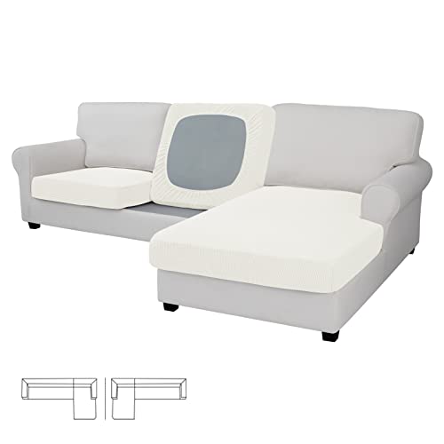 Image of Easy-Going Stretch 3 Pieces Couch Cushion Covers for Sectional Sofa L Shape | 2 Seater + 1 Chaise Lounge Left /Right L Sofa Seat slipcover Anti-Slip Sofa Cover Soft Cream