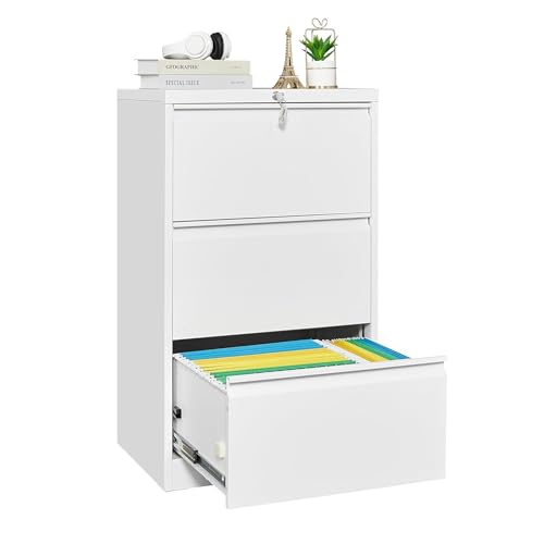3-Drawer Lateral File Cabinet, Metal Lockable Filing Cabinet for Home Office, Letter/Legal/F4/A4 Size Storage by MilleLoom - Used condition - CA$140.61