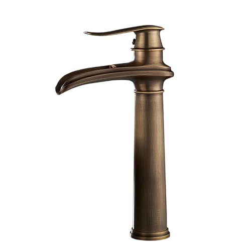 Grifo antiguo de latón fino con elegante salida de agua en cascada para lavabo alto