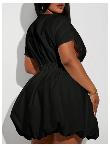 Image of WDIRARA Women's Plus Size Deep V Neck Bubble Dress Short Sleeve A Line Mini Dresses