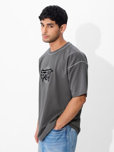 Image of The Souled Store Originals : Kalyuga Oversized T-Shirt for Men Boys Cotton Casual Half Sleeves Baggy Loose Fit Drop Shoulder Round Neck Grey