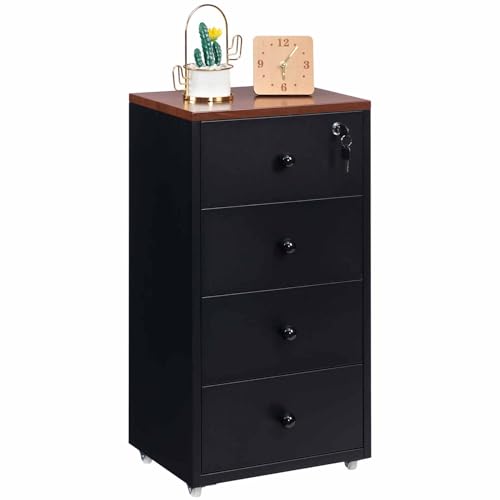 HollyHOME Armoire de classement mobile verrouillable avec 4 tiroirs - Armoire de rangement en métal avec roulettes - Pour le bureau à domicile - Format lettre A4 - Noir